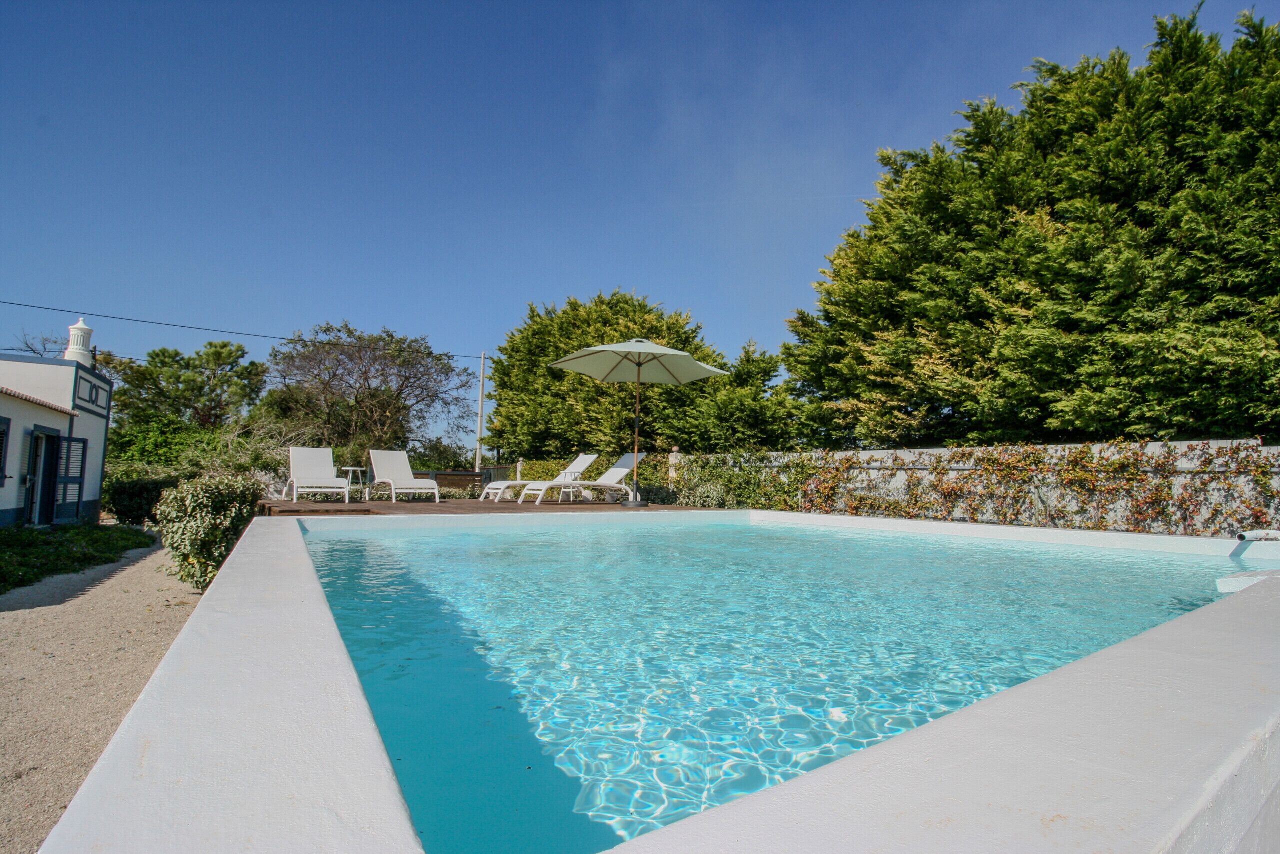 A swimming pool with clear water, surrounded by a white wall and greenery.