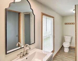 Hair dryer, towels, soap, toilet paper