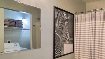 Hair dryer, towels, soap, toilet paper