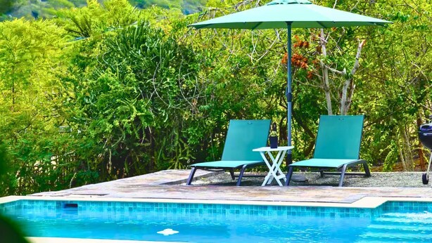 A swimming pool with two green chairs and a small table under a green umbrella, surrounded by lush greenery. - Westpunt Villa  l 2BR Near Turtle Beach (Westpunt)