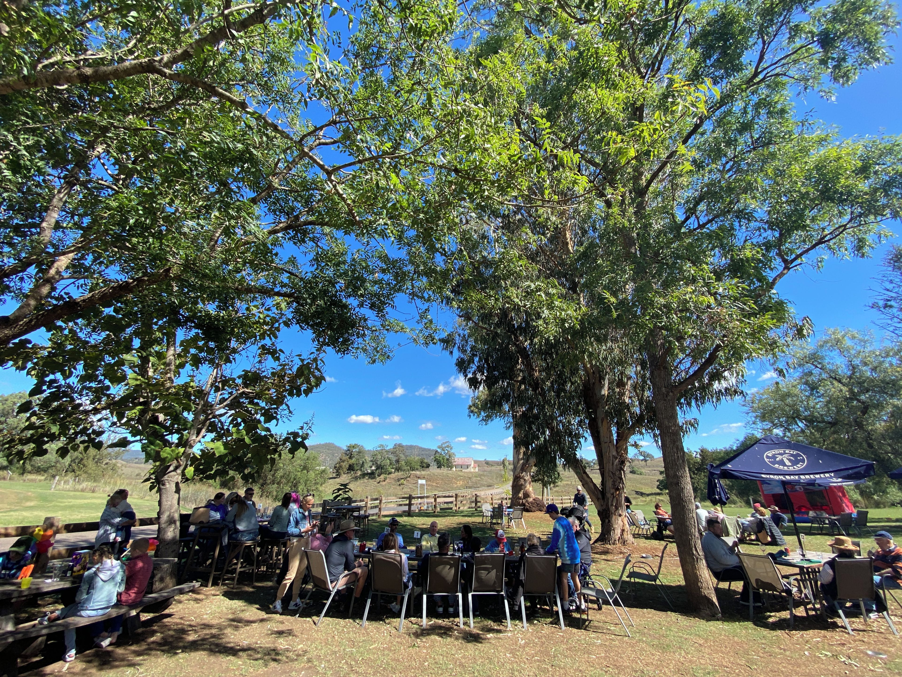 An outdoor gathering with people seated at tables under trees, a tent, and a clear blue sky.