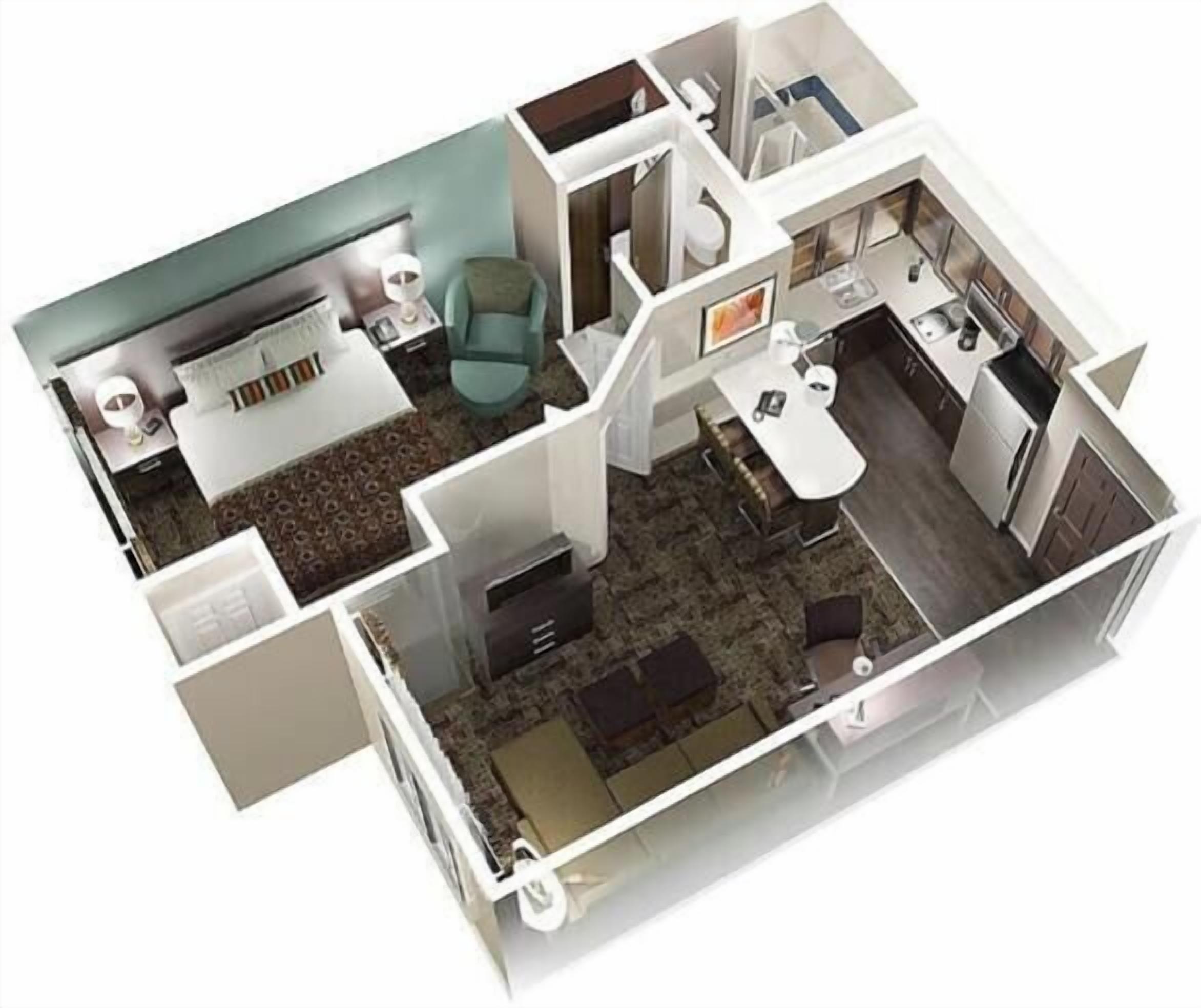 Plano de planta en 3D de una habitación de hotel que incluye cama, zona de estar, kitchenette y baño.