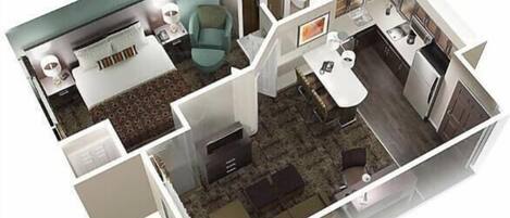 Plano de planta en 3D de una habitación de hotel que incluye cama, zona de estar, kitchenette y baño.