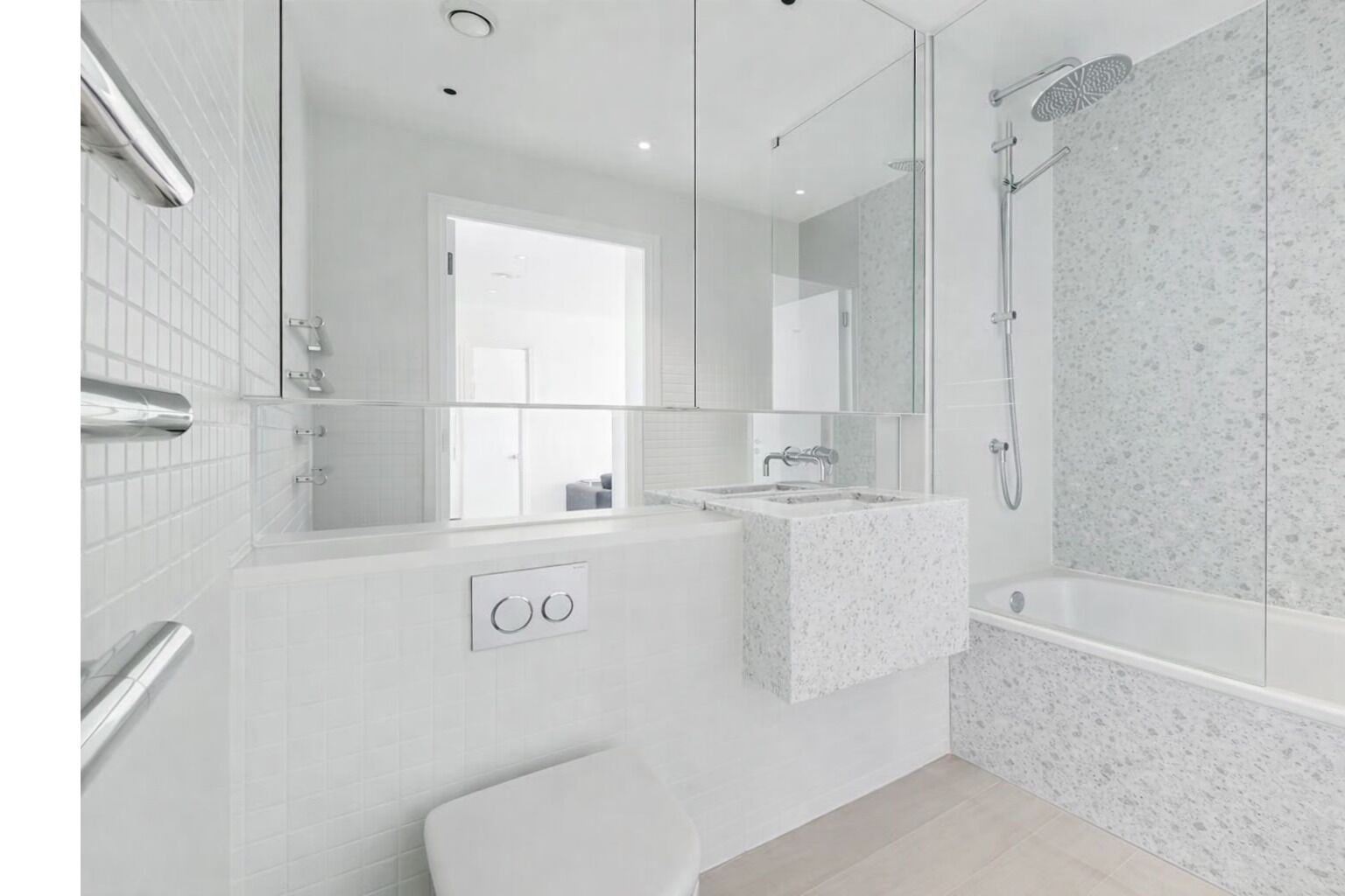 Shower, hair dryer, towels, toilet paper