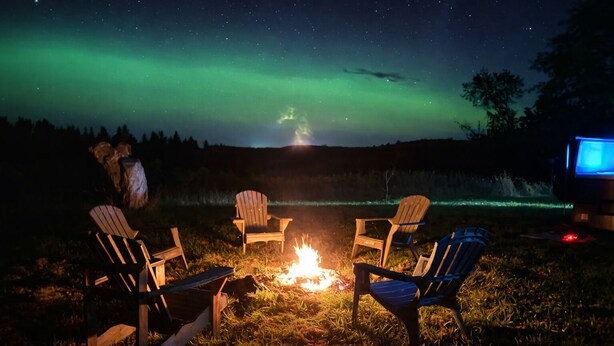 A nighttime outdoor setting with a campfire, several Adirondack chairs, and a television screen displaying a blue light. - 51 Acre Summer Farmhouse-Hottub, Stargazing, BBQ-Sleeps upto 8 (Colborne)
