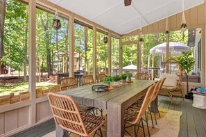 Outdoor dining - Private Heated Pool! Hot Tub, Fire Pit, Game Room! (East Stroudsburg)