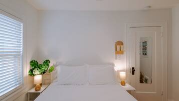 Un dormitorio con cama, lámparas de noche, una planta en maceta y una puerta con espejo.