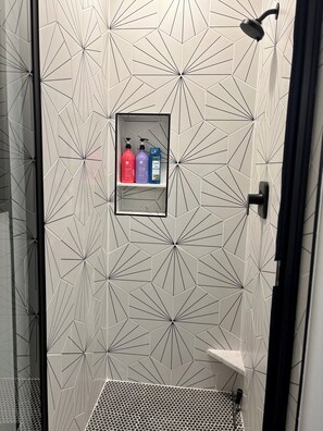Shower, hair dryer, towels, soap - Modern Mediterranean Casita (Chandler)