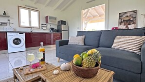 Ein Wohnzimmer mit einer Couch, einem Couchtisch mit Früchten, einer Waschmaschine und einer Küchenzeile mit Schränken und einem Kühlschrank.