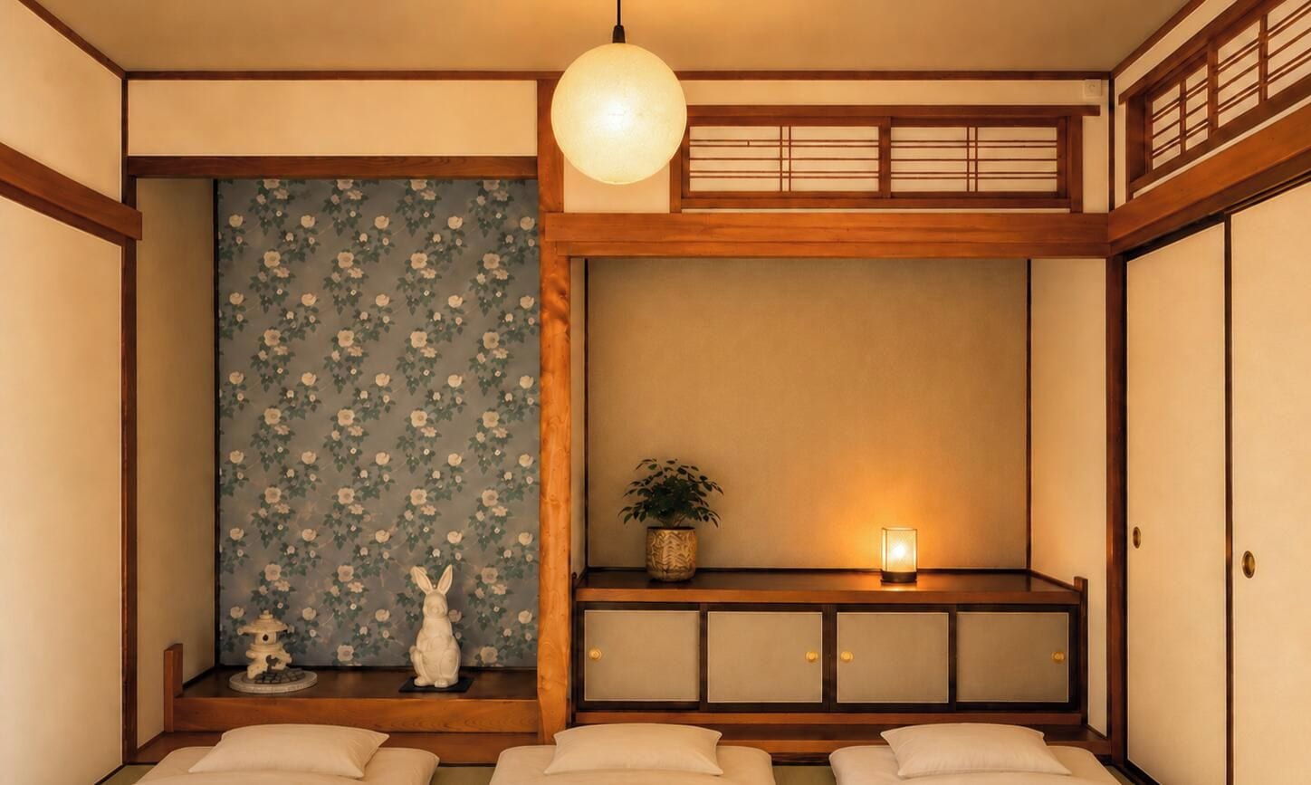 Una habitación japonesa tradicional con suelo de tatami, un divisor shoji, una lámpara colgante, un estante pequeño con una planta y una puerta corredera.