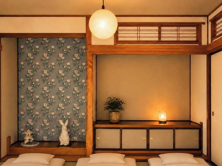 Une pièce de style japonais traditionnel, avec un sol recouvert de tatamis, un paravent shoji, un luminaire suspendu, une petite étagère avec une plante et une porte coulissante.