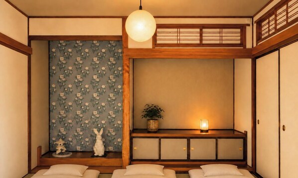 Ein traditioneller japanischer Raum mit Tatami-Böden, einem Shoji-Bildschirm, einer Hängeleuchte, einem kleinen Regal mit einer Pflanze und einer Schiebetür.