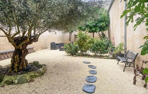 Ein Garten mit Baum, Bank und Kiesweg.