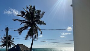 Vista costera con una palmera, un edificio de techo de paja y cielo despejado.