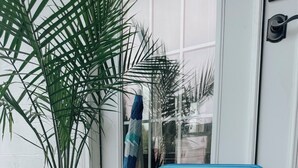 A blue beach chair with a 'Rio Beach' logo, a potted plant, and a folded magazine on a woven mat. - Pet Friendly Studio / Walk to Beach & Eats (Panama City Beach)