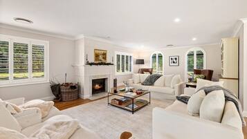 TV, fireplace, books, stereo