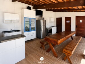 Fridge, microwave, cookware/dishes/utensils