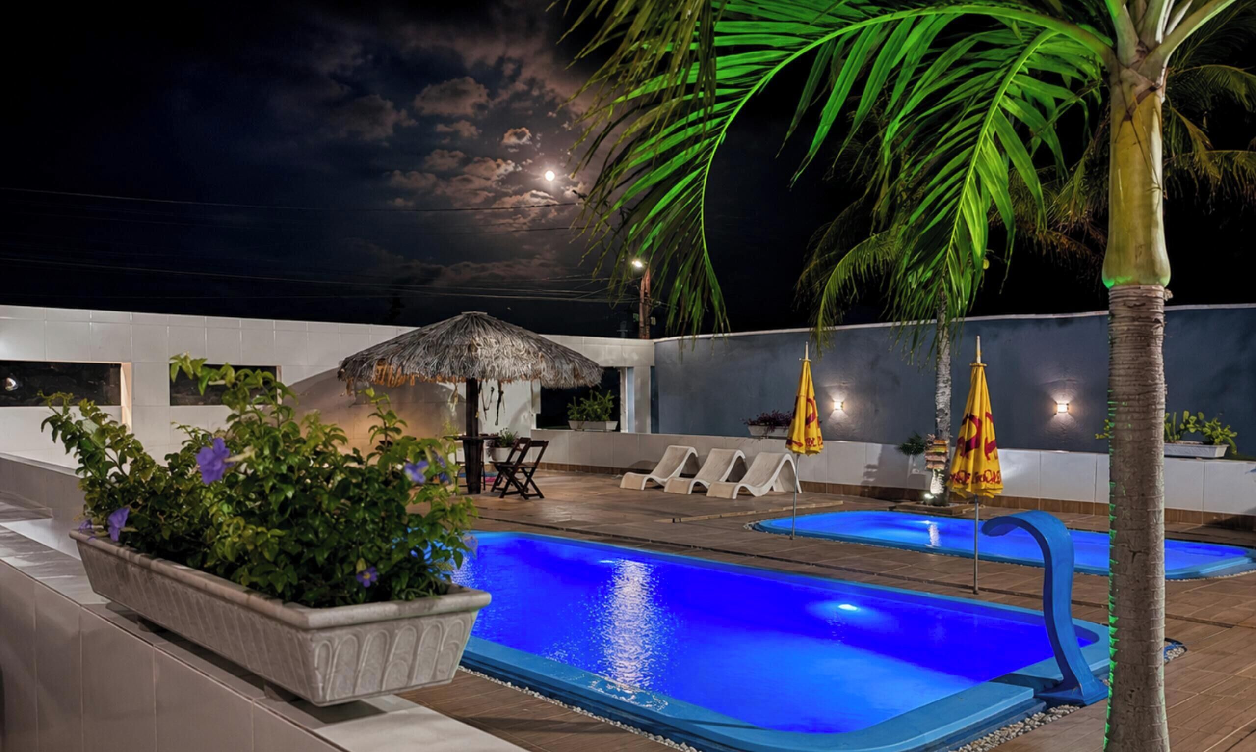 Un área de piscina en la azotea con dos piscinas, sillas de descanso, una sombrilla de paja y una palmera.