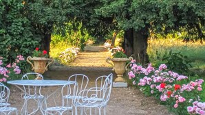Een tuin met een pad, witte metalen stoelen en potplanten.