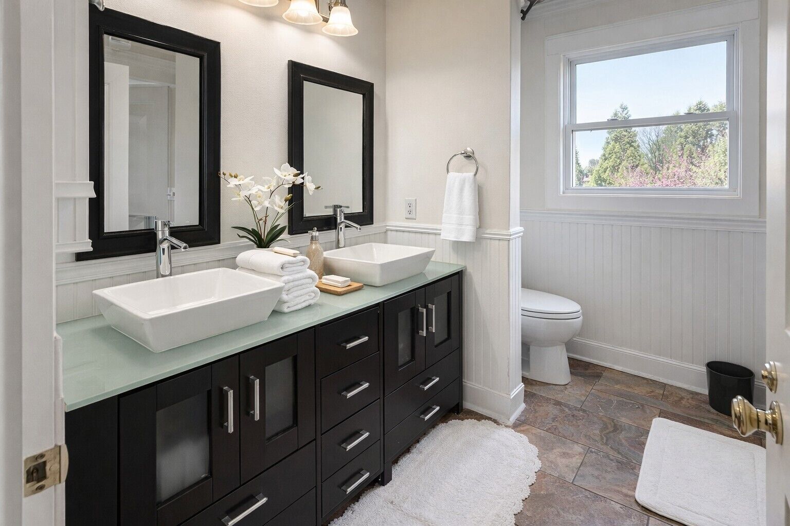Hair dryer, bidet, towels, soap