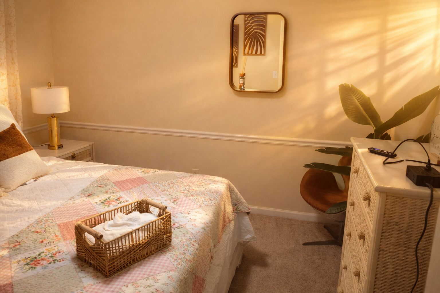 A bedroom with a bed, a nightstand, a lamp, a mirror, a wicker basket, a dresser, and a potted plant.