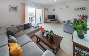 Ein Wohnzimmer mit einer Couch, einem Couchtisch mit Flasche und Gläsern, einem Fernseher und einer Pflanze.