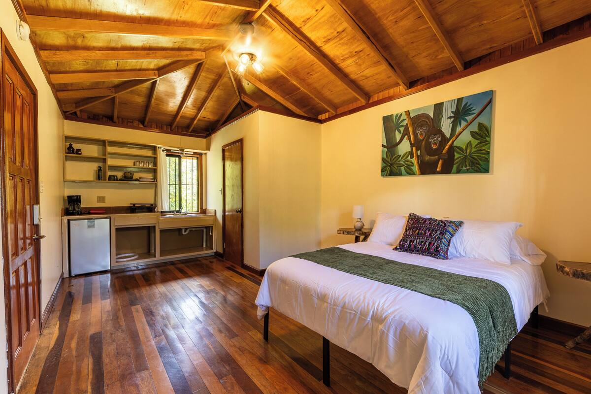 A room with a bed, a desk, and a kitchenette.