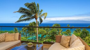 Een balkon met uitzicht op de oceaan en palmbomen.