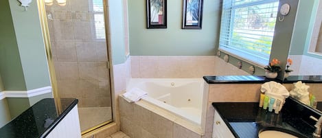 Shower, jetted tub, hair dryer, towels