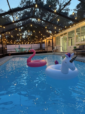 Outdoor pool. Mediterranean Style 3BR w/ Pool, Fire Pit & Private Suite