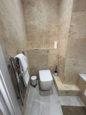 Ein Badezimmer mit Toilette, Handtuchhalter, Toilettenpapierhalter und Duschbereich.