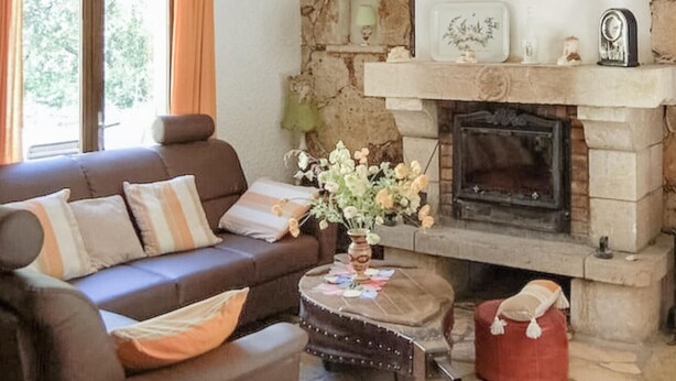 A living room with a brown sofa, a small table with a vase of flowers, a fireplace, and a stone wall. - Nice home in Regusse with private swimming pool, can be inside or outside (Regusse)