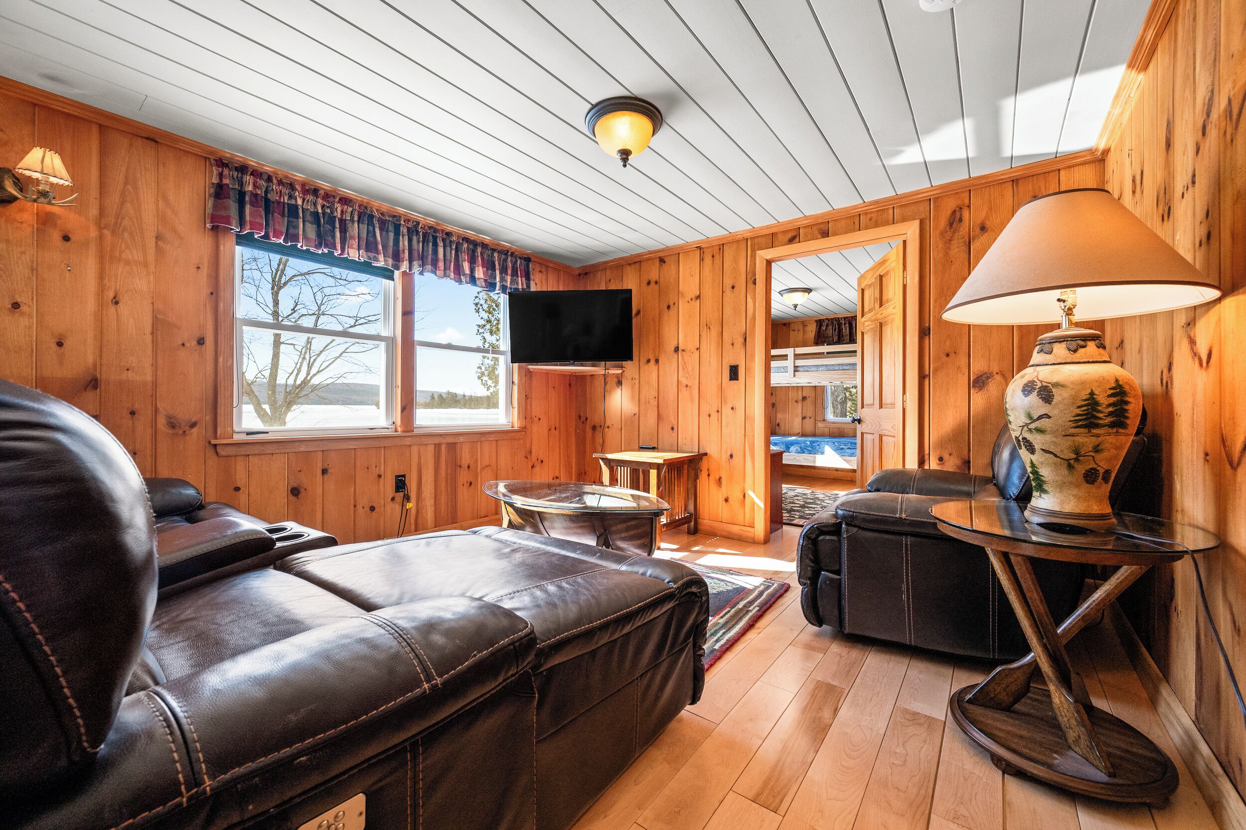 A wooden interior with a leather sofa, a television, a lamp, and a view of the outdoors.