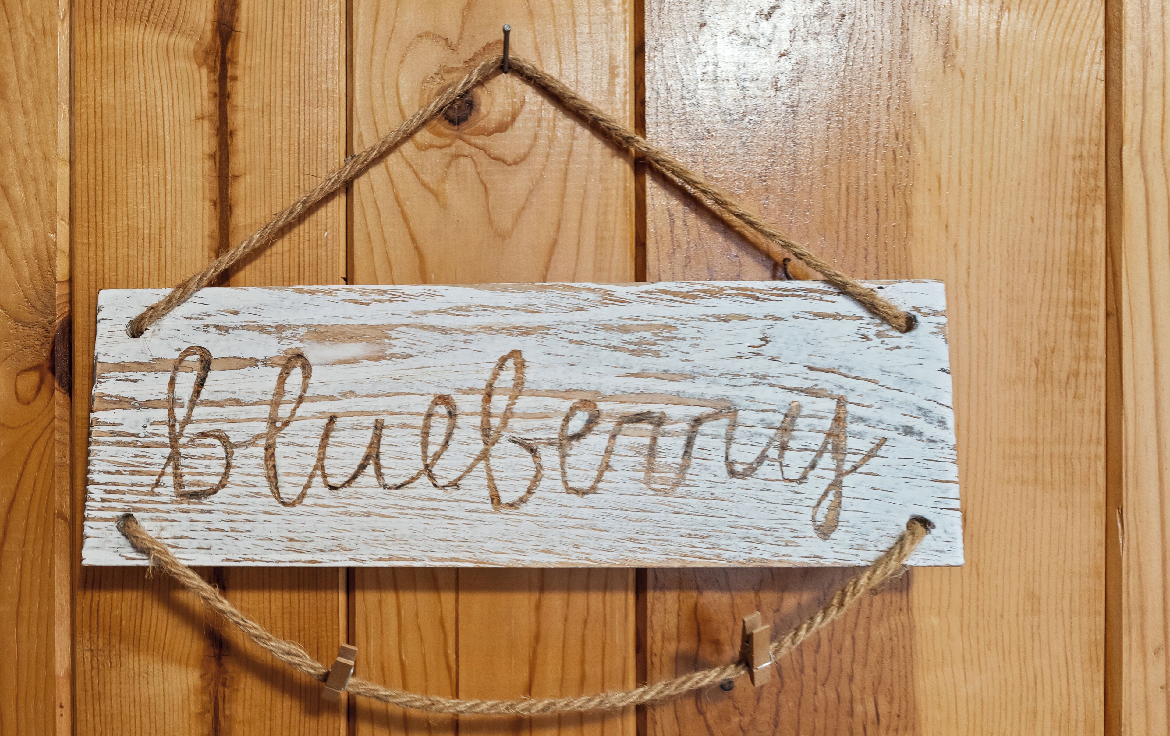 Ein rustikales Holzschild mit dem Wort 'blueberry', das an einer Holzwand hängt.