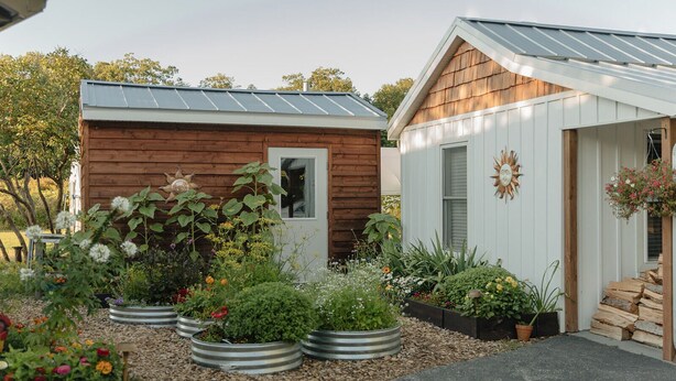 Un jardin avec différentes espèces de plantes et une petite construction en bois.