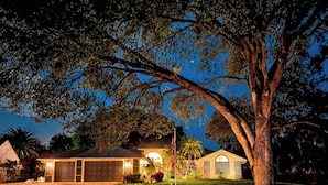Une maison à deux étages avec un garage, une cour avant bien éclairée et un grand arbre.