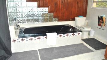 Une salle de bain avec une baignoire, des toilettes et une fenêtre donnant sur les arbres.