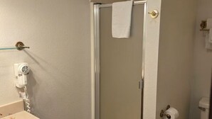 A bathroom with a glass-enclosed shower, a sink with a marble countertop, and a toilet. - Welcoming Suite in Idyllwild (Idyllwild-Pine Cove)