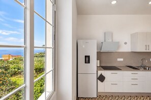 Una cocina moderna con refrigerador integrado, un lavamanos y ventana con vista a la vegetación.