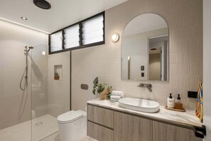 Hair dryer, towels, soap, shampoo