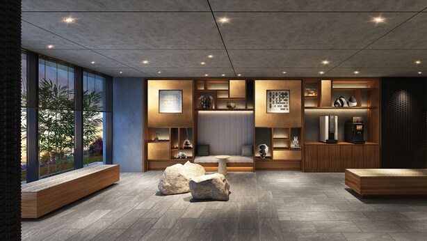 Een modern interieur met een zithoek, houten planken en uitzicht door grote ramen.