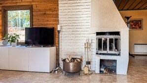 Een woonkamer met een televisie, open haard en houten wanden.