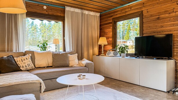 Een gezellige woonkamer met een bank, een bijzettafeltje, een televisie en een radio.