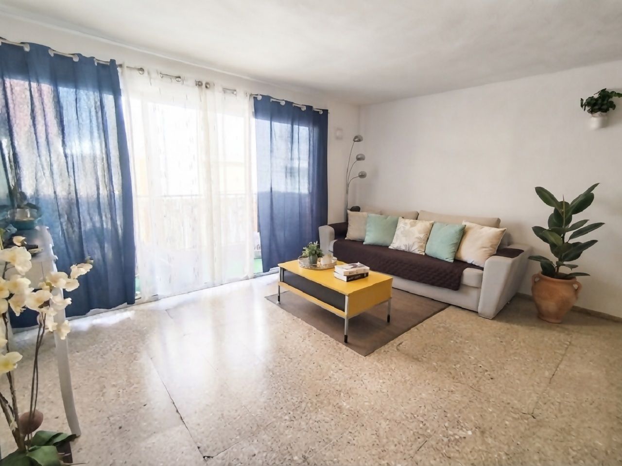 Una sala de estar con un sofá, una mesa de centro, una planta en maceta y un ventanal con cortinas.