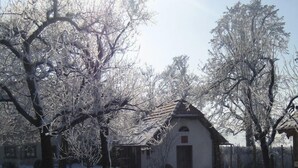 A snow-covered landscape with a building that has a traditional architectural style, surrounded by bare trees. - Vacation apartment (D) 1 bedroom and balcony, 1-4 persons (Chieming)