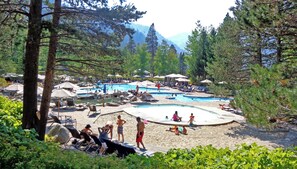 Outdoor pool, a heated pool - Everline 2 BR suite. Views, AC, pool, tennis, golf, biking. 7 mi to Lake Tahoe. (Olympic Valley)