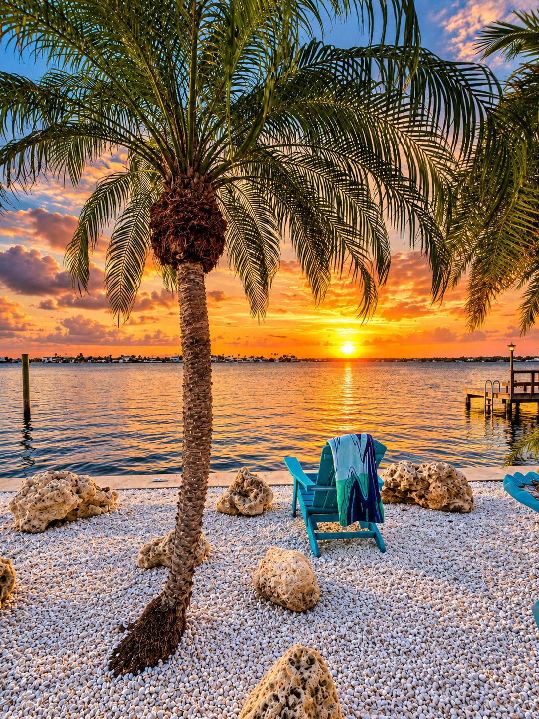 Une scène de plage avec un palmier, une plage de galets, une chaise et un coucher de soleil.