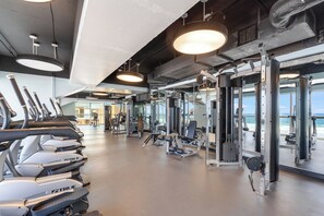 A gym with treadmills, weight machines, and a view of the ocean. - Splash Resort, 16th floor, Oceanfront, 1BR Sleeps 6, Lazy River & Water Park (Panama City Beach)