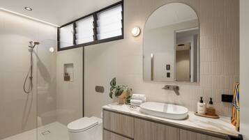 Hair dryer, towels, soap, shampoo