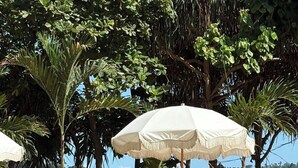 A poolside area with lounge chairs and umbrellas, overlooking a beach and ocean. - Southbeach Weligama (Weligama)